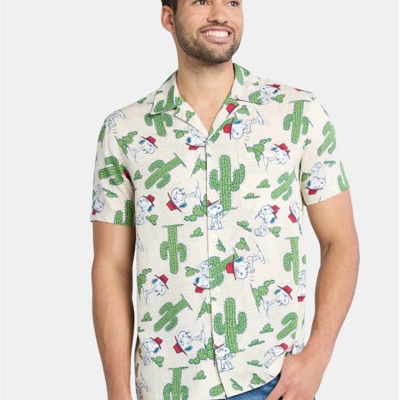 Peanuts Men's and Big Men's Spike Snoopy Desert Button Down Hawaiian Shirt - Picture 2 of 6